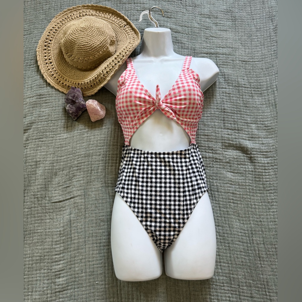 Gingham Checkered One Piece Swimsuit - Pink and Black